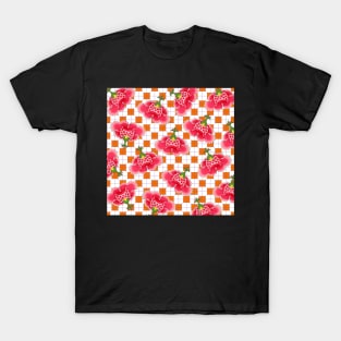 Chinese Vintage Pink and Red Flowers with Orange Tile - Hong Kong Traditional Floral Pattern T-Shirt